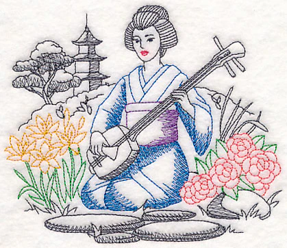 Asian Etching - Geisha and Shamisen - Image 4