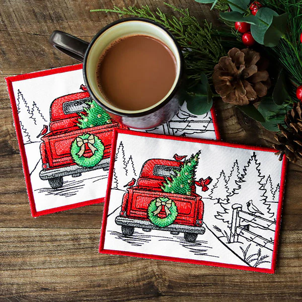 Christmas Trees Retro Truck Mug Rug (In-the-Hoop) - Image 2