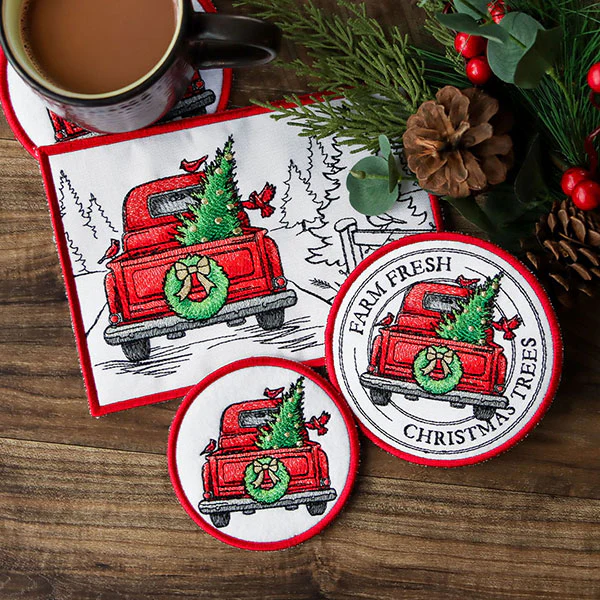 Christmas Trees Retro Truck Mug Rug (In-the-Hoop) - Image 3
