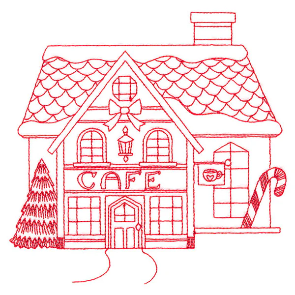 Christmas Village Scenes - Cafe (Redwork) - Image 3