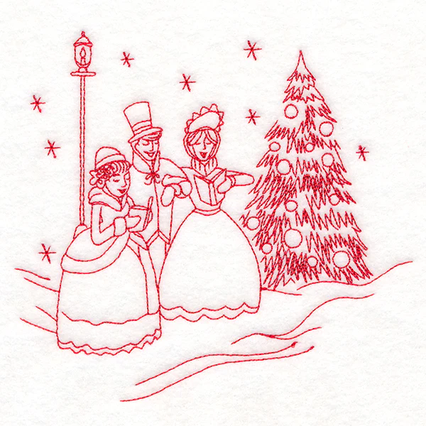 Classic Christmas Scene - Caroling (Redwork) - Image 3