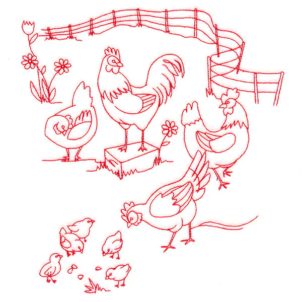 Classic Farm Scene - Chickens (Redwork)