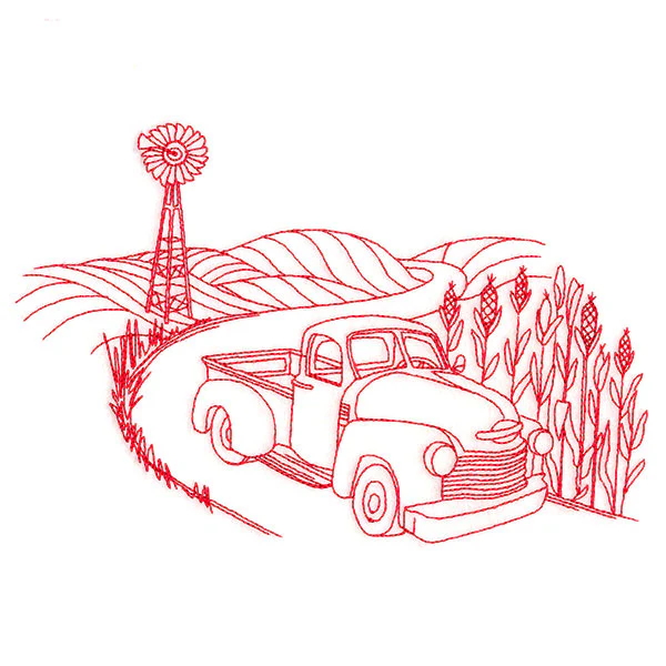 Classic Farm Scene - Retro Truck (Redwork) - Image 6
