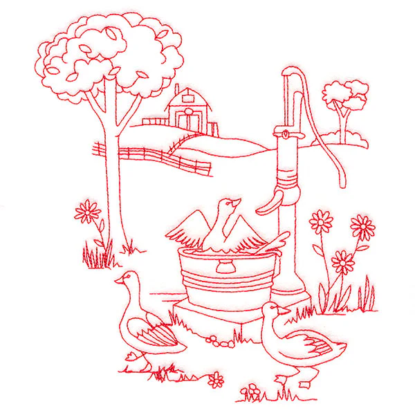 Classic Farm Scene - Water Pump (Redwork)