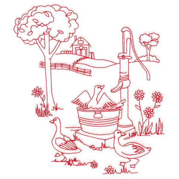 Classic Farm Scene - Water Pump (Redwork) - Image 3