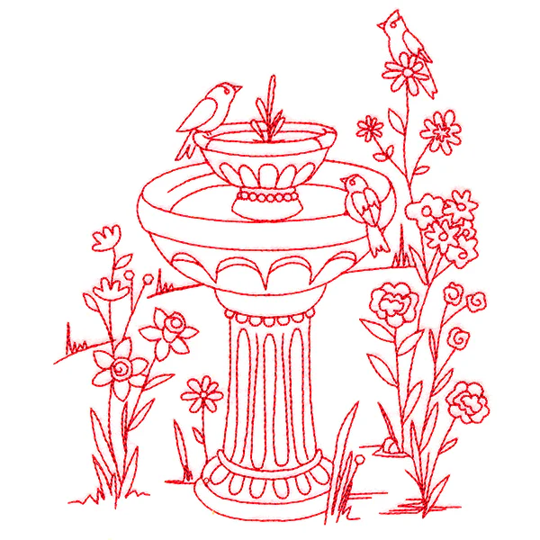 Classic Garden Scene - Bird Bath (Redwork) - Image 3