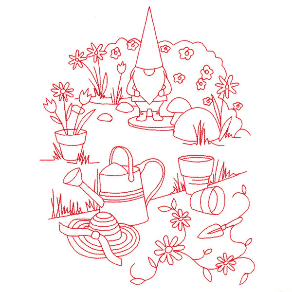 Classic Garden Scene - Gnome (Redwork) - Image 5