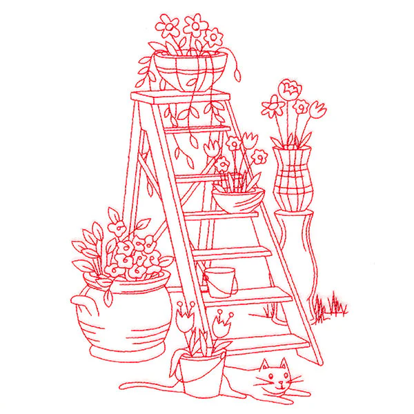 Classic Garden Scene - Ladder (Redwork) - Image 2
