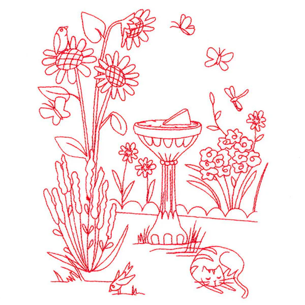 Classic Garden Scene - Sundial (Redwork) - Image 3