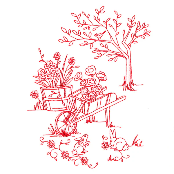 Classic Garden Scene - Wheelbarrow (Redwork)