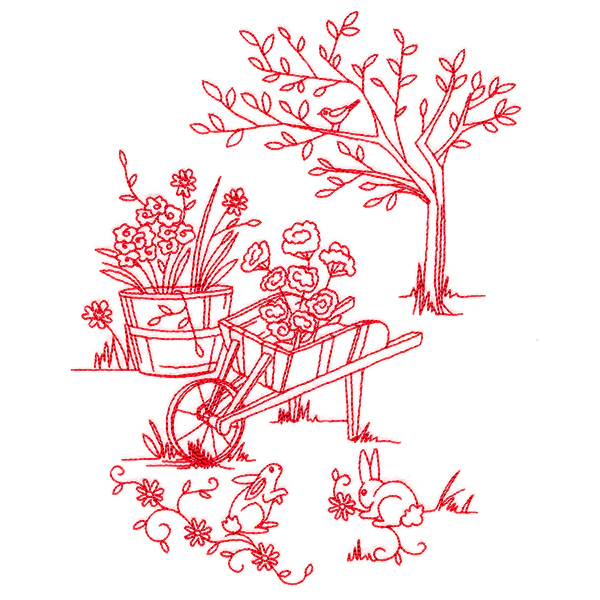 Classic Garden Scene - Wheelbarrow (Redwork) - Image 2