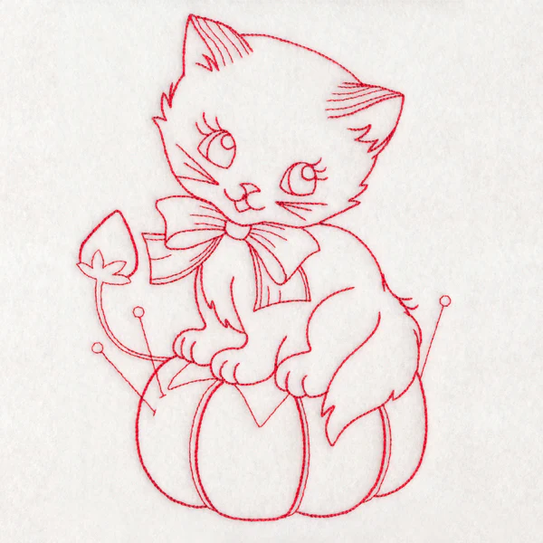 Crafty Cat with Pincushion (Redwork) - Image 4
