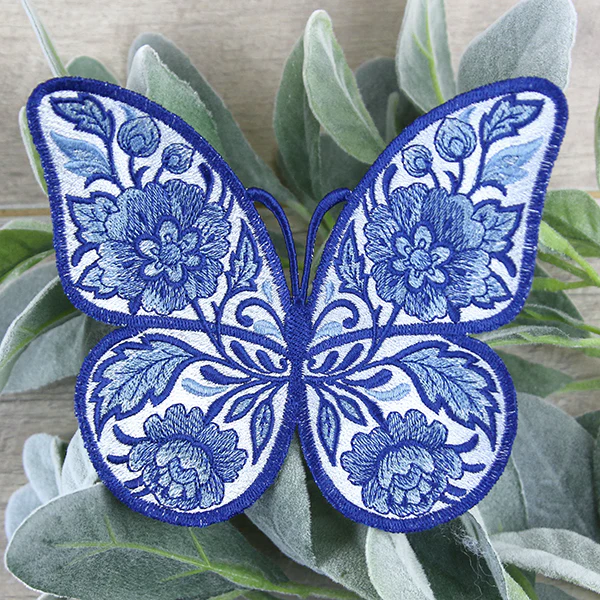 Free-Flying Delft Blue Butterfly (In-the-Hoop)