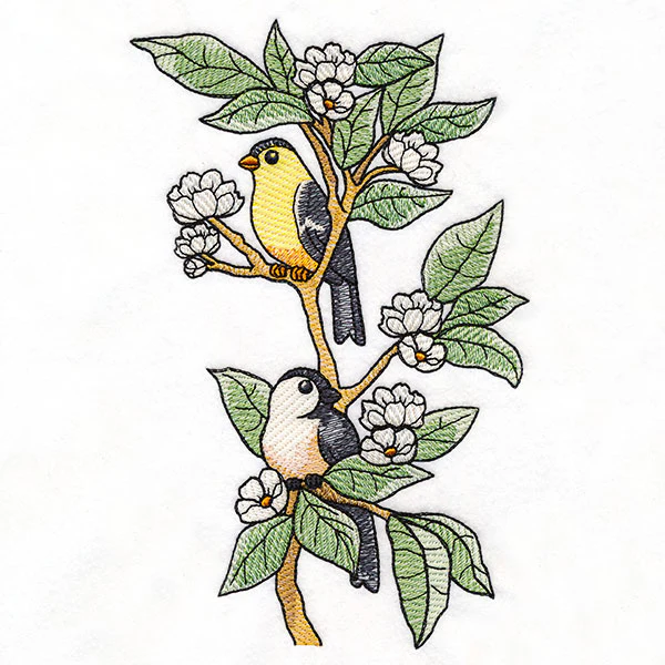 Goldfinch & Chickadee Birds on Flowering Branch