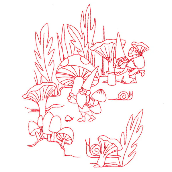 Magical Gnome Scene - Harvesting Mushrooms (Redwork) - Image 2