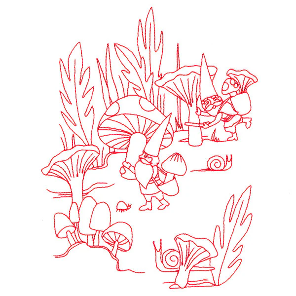 Magical Gnome Scene - Harvesting Mushrooms (Redwork) - Image 3