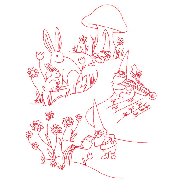 Magical Gnome Scene - In the Garden (Redwork) - Image 5