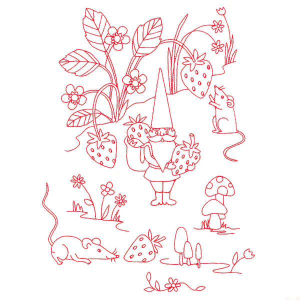 Magical Gnome Scene - Picking Strawberries (Redwork)