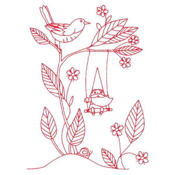 Magical Gnome Scene - Swinging (Redwork) - Image 4