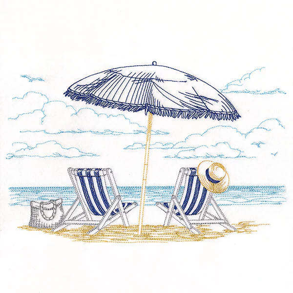 Umbrella and Chairs Beach Scene Etching